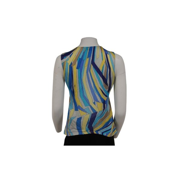 Emilio Pucci Women V Neck Tank Top Blue Yellow Mosaic Viscose Blend Shirt Blouse - Picture 2 of 8